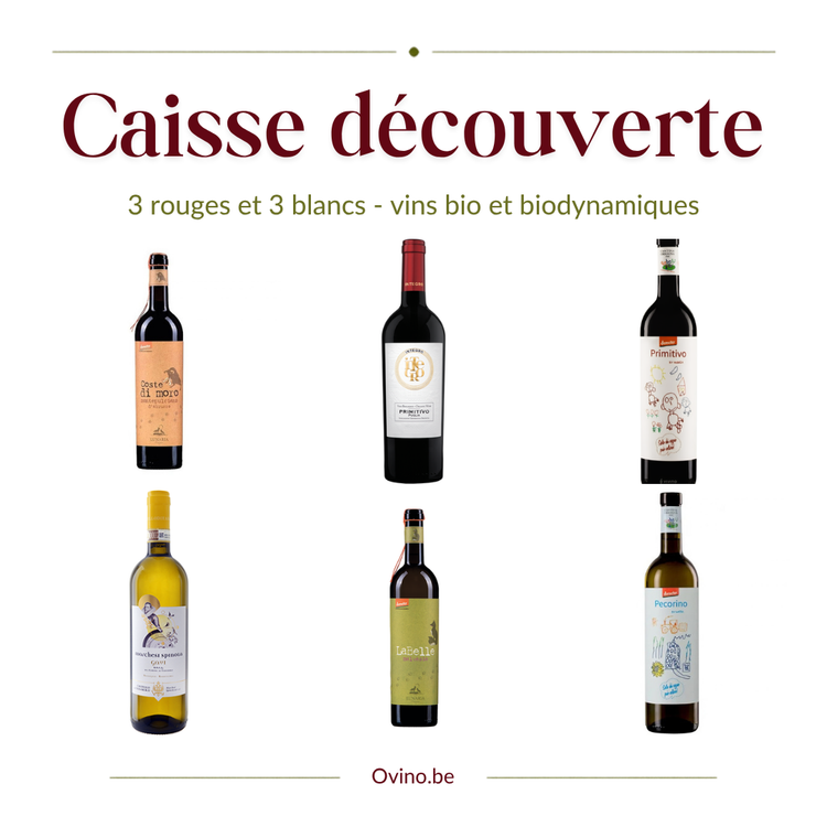 Caisse découverte 3 rouges et 3 blancs : Montepulciano, Primitivo Integro, Primitivo Babalù, Spinola Gavi, LaBelle et Pecorino Babalù